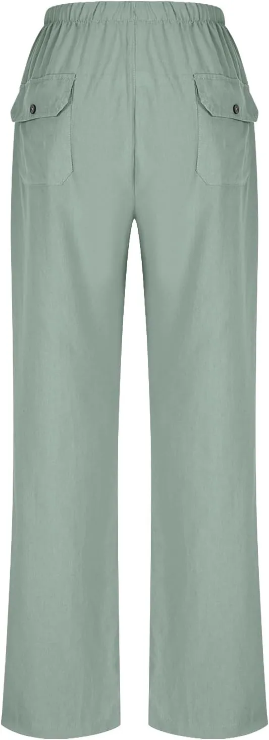 Linen Pants Women Summer Wide Leg High Waisted Casual Pant Drawstring Elastic Waist Palazzo Beach Trousers with Pockets
