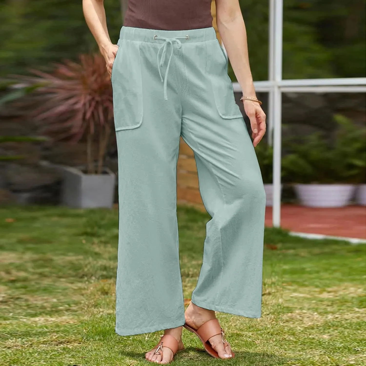 Linen Pants Women Summer Wide Leg High Waisted Casual Pant Drawstring Elastic Waist Palazzo Beach Trousers with Pockets