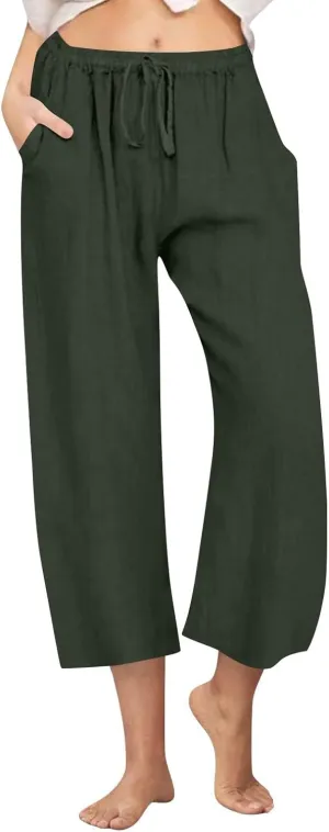 Linen Pants Women Wide Leg Crop Lounge Trousers Elastic Waist Drawstring Loose Capri Slacks Summer Beach Pants