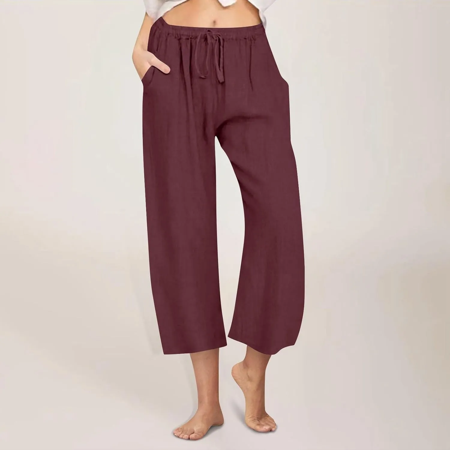 Linen Pants Women Wide Leg Crop Lounge Trousers Elastic Waist Drawstring Loose Capri Slacks Summer Beach Pants