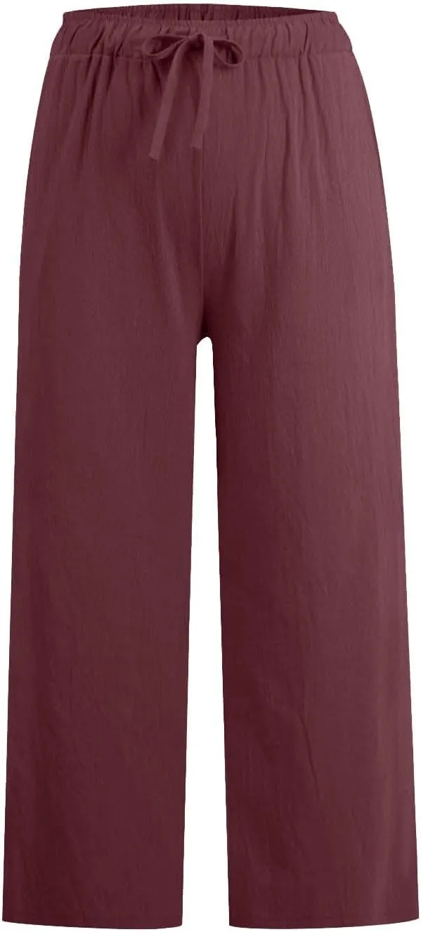 Linen Pants Women Wide Leg Crop Lounge Trousers Elastic Waist Drawstring Loose Capri Slacks Summer Beach Pants