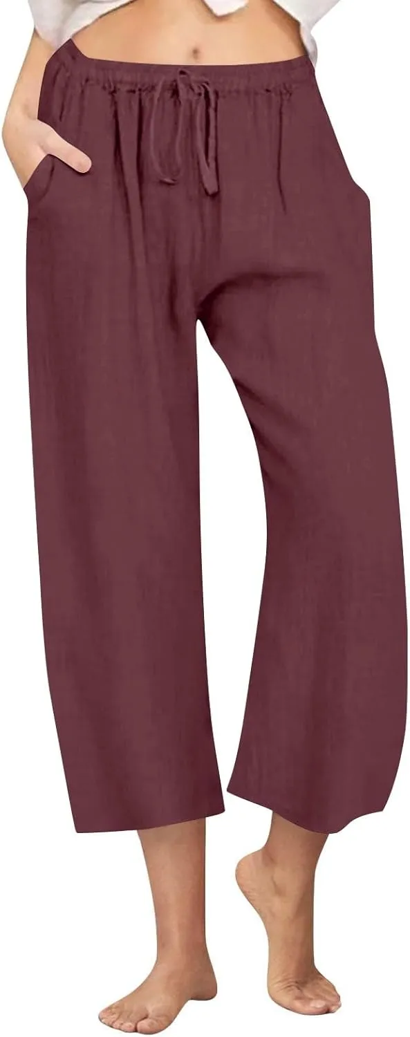 Linen Pants Women Wide Leg Crop Lounge Trousers Elastic Waist Drawstring Loose Capri Slacks Summer Beach Pants