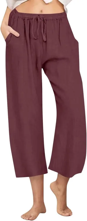 Linen Pants Women Wide Leg Crop Lounge Trousers Elastic Waist Drawstring Loose Capri Slacks Summer Beach Pants