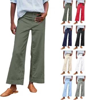 Linen Wide Leg Pants for Women Elastic High Waisted Crop Palazzo Pants Summer Business Casual Work Slacks with Pocket