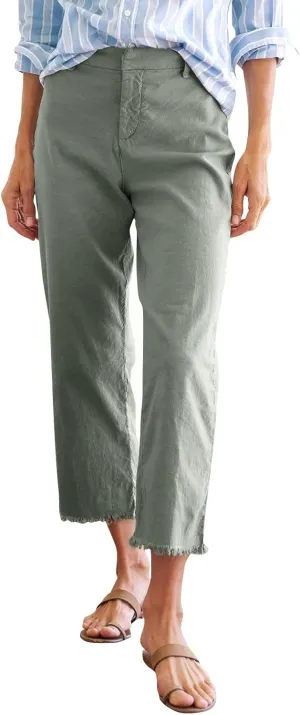 Linen Wide Leg Pants Women Cropped High Waisted Raw Hem Capri Pants Summer Business Casual Work Pants with Pockets
