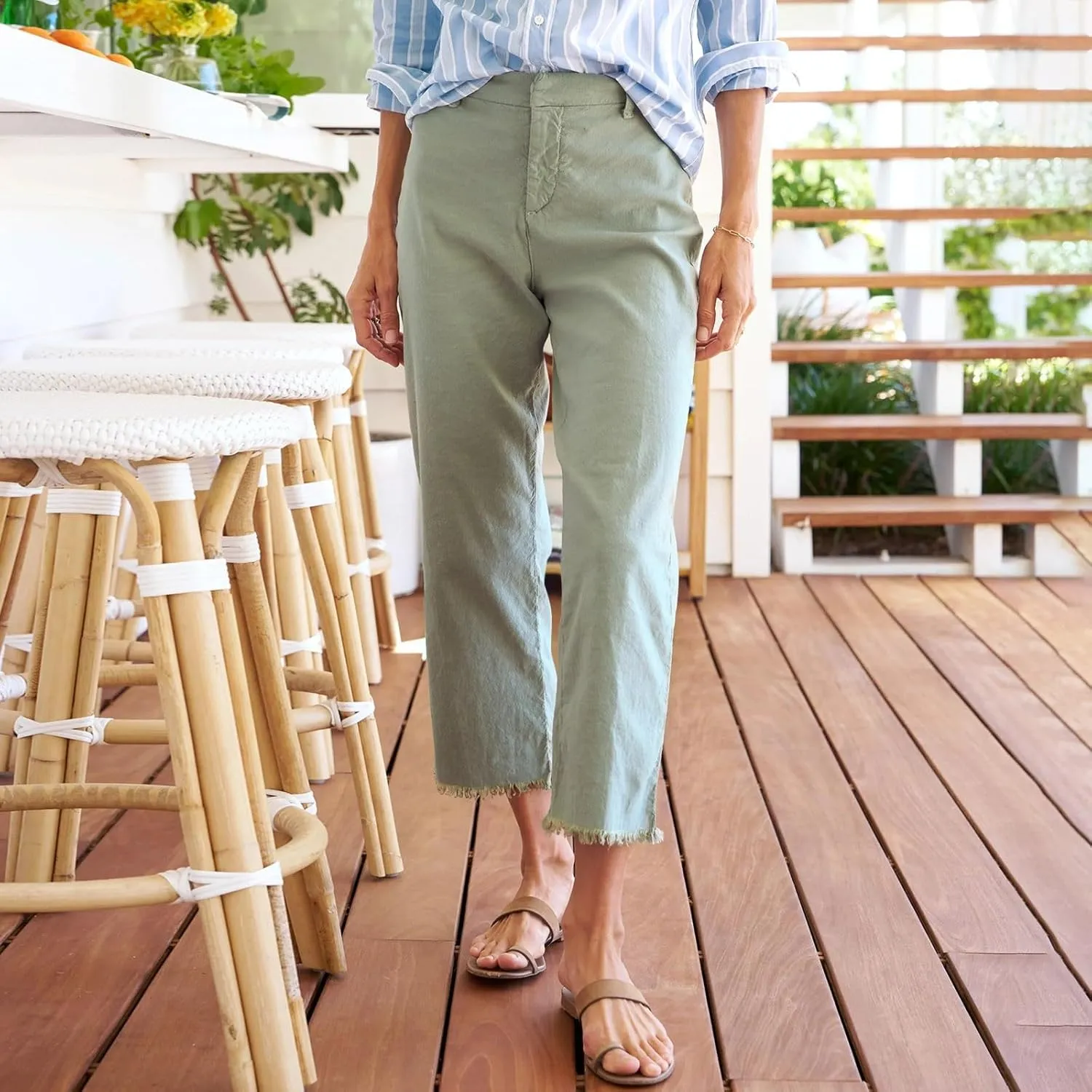 Linen Wide Leg Pants Women Cropped High Waisted Raw Hem Capri Pants Summer Business Casual Work Pants with Pockets