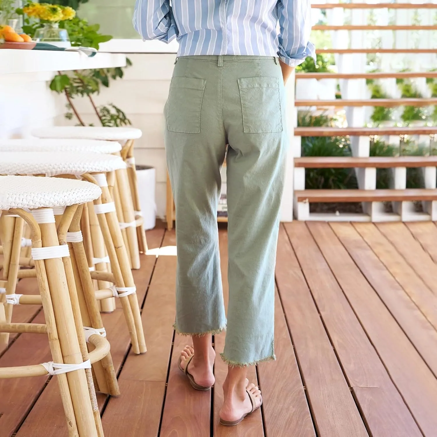 Linen Wide Leg Pants Women Cropped High Waisted Raw Hem Capri Pants Summer Business Casual Work Pants with Pockets