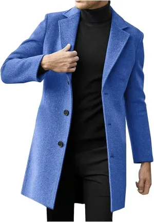 LIYUN Jacket Men's Trench Coat Casual Slim Fit Wool Coat Long Jacket Notched Collar Trench Coat Single Breasted Coat Winter Warm Outerwear(Blue,Medium)