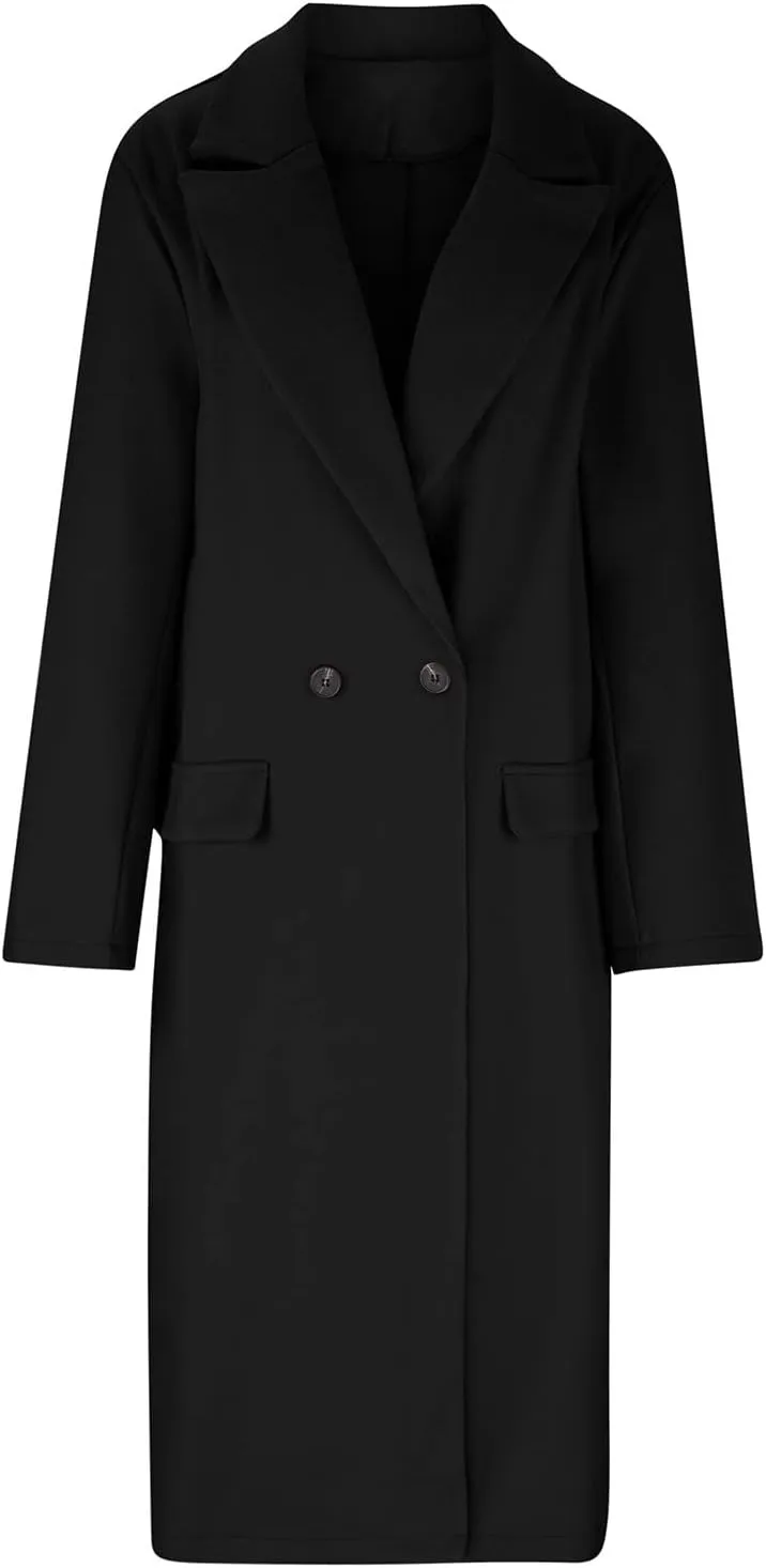 Long Trench Coat for Women Soft Wool Lapel Double Breasted Pea Coat Casual Business Solid Outwear Winter Fall Essentials