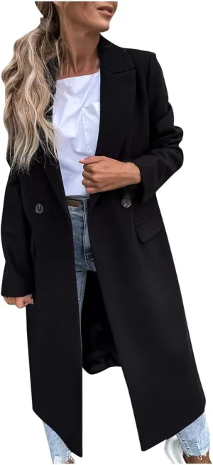 Long Trench Coat for Women Soft Wool Lapel Double Breasted Pea Coat Casual Business Solid Outwear Winter Fall Essentials