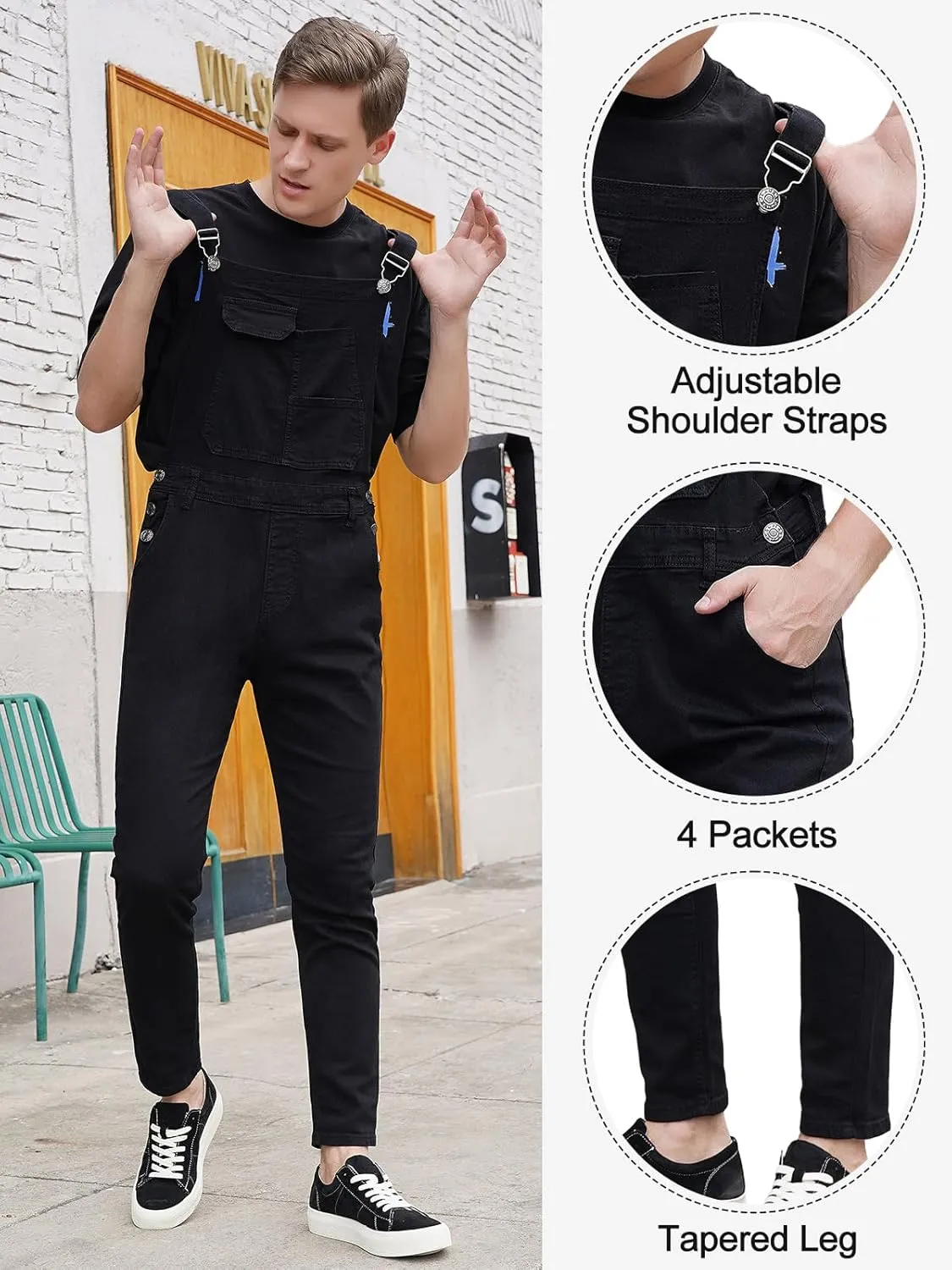 LONGBIDA Men's Denim Bib Overalls Fashion Slim Fit Jumpsuit with Pockets