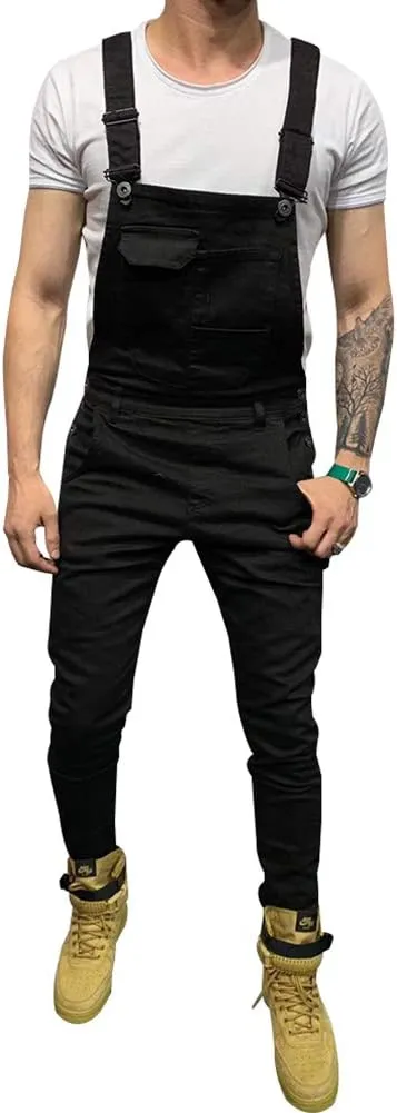 LONGBIDA Men's Denim Bib Overalls Fashion Slim Fit Jumpsuit with Pockets