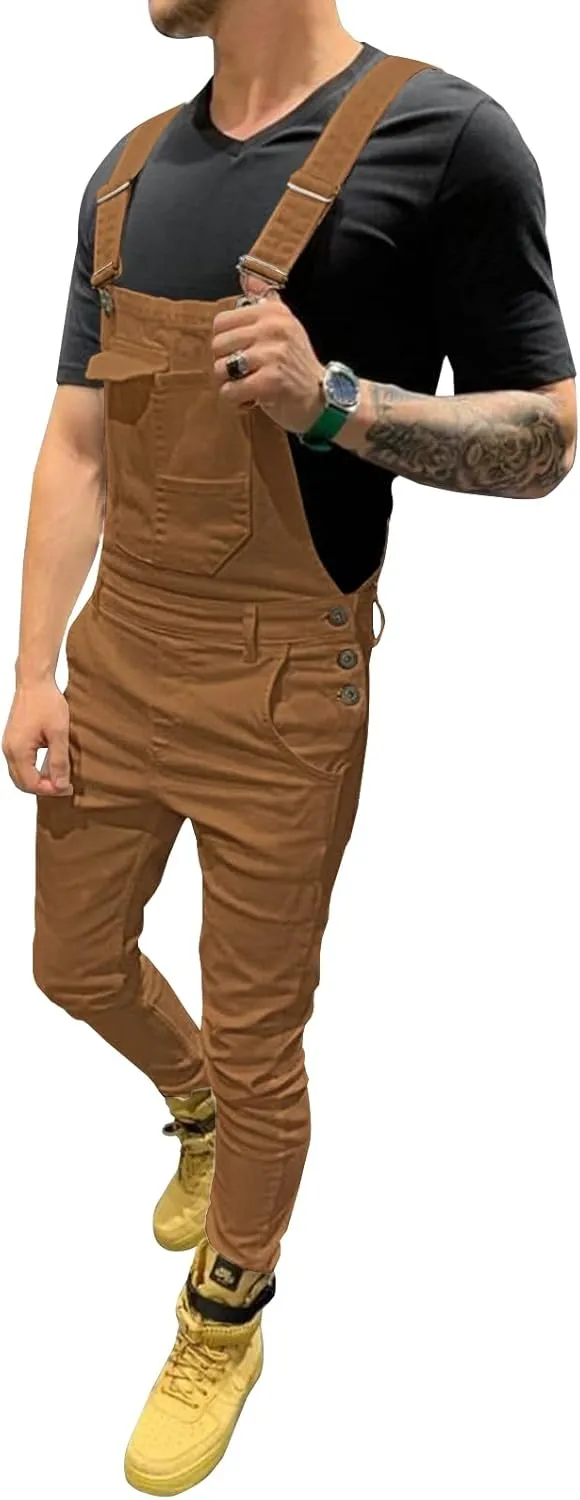 LONGBIDA Men's Denim Bib Overalls Fashion Slim Fit Jumpsuit with Pockets