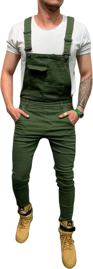 LONGBIDA Men's Denim Bib Overalls Fashion Slim Fit Jumpsuit with Pockets