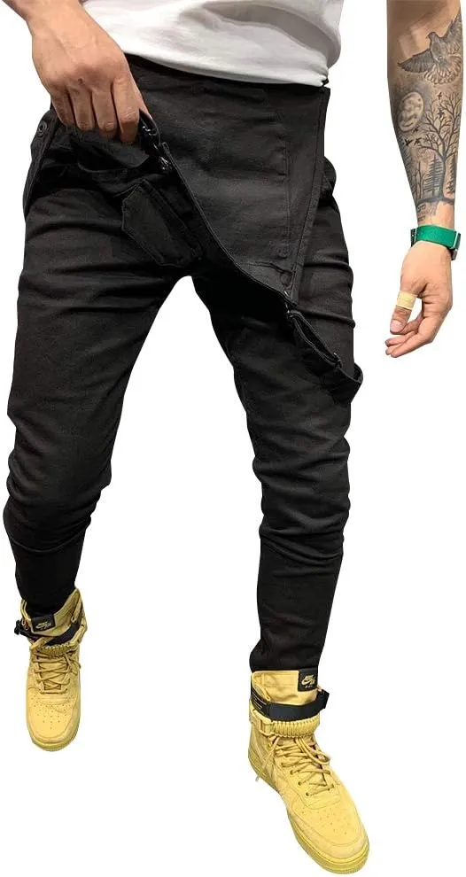LONGBIDA Men's Denim Bib Overalls Fashion Slim Fit Jumpsuit with Pockets