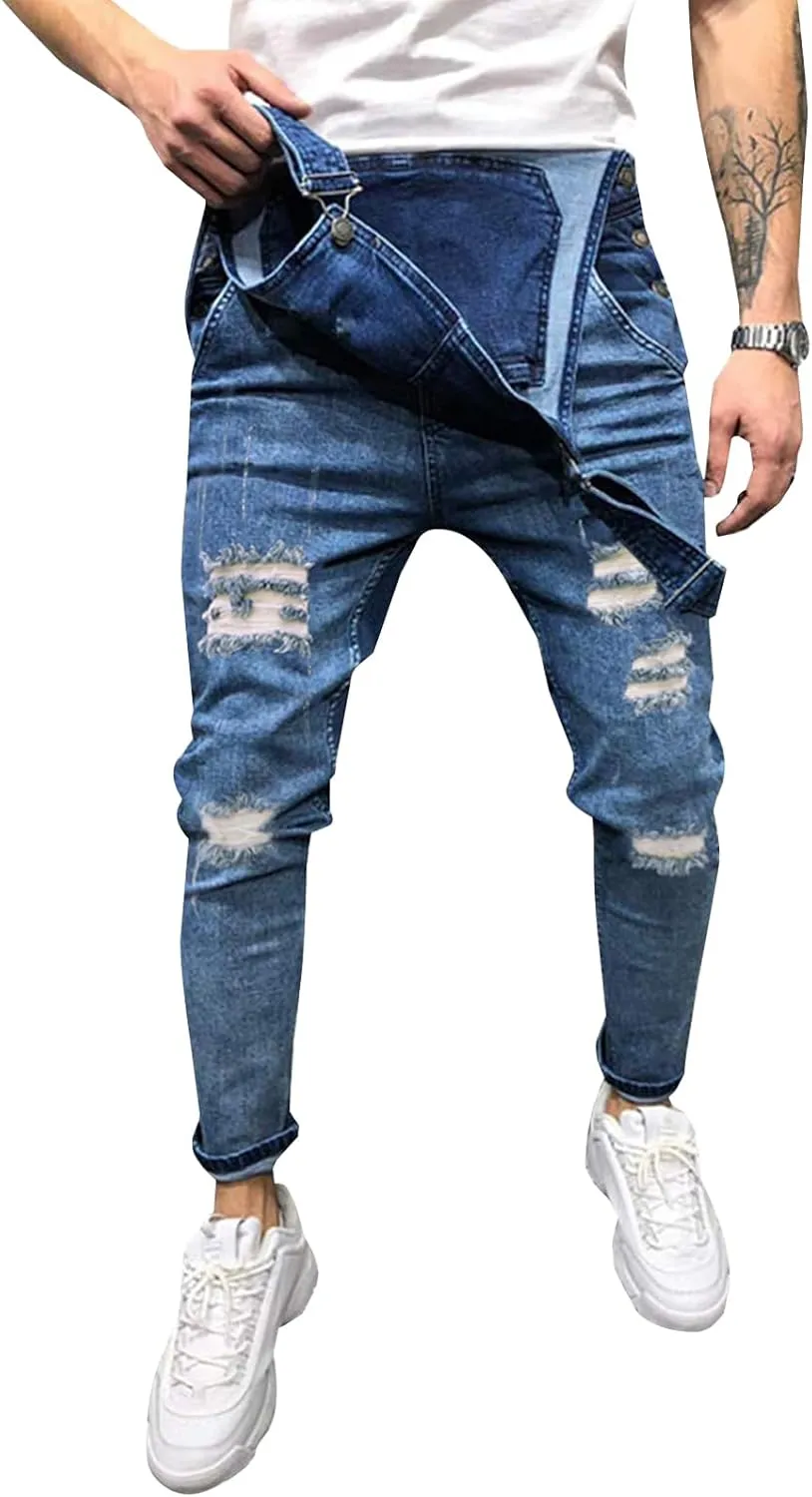 LONGBIDA Men's Denim Bib Overalls Fashion Slim Fit Jumpsuit with Pockets