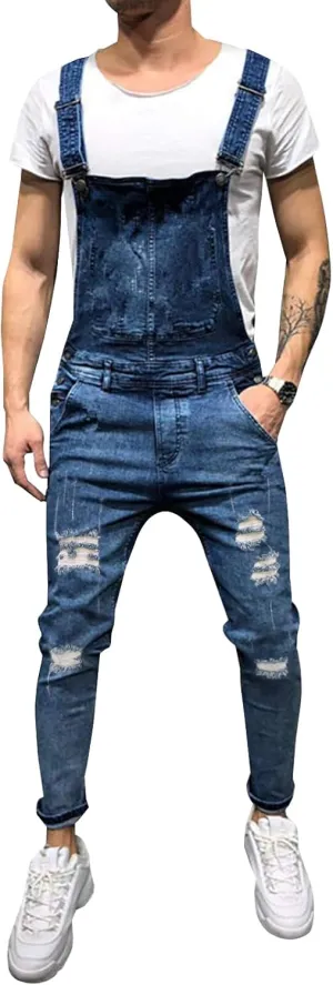 LONGBIDA Men's Denim Bib Overalls Fashion Slim Fit Jumpsuit with Pockets