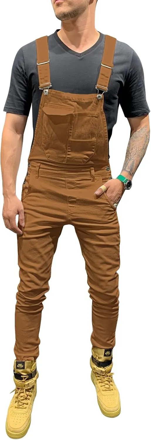 LONGBIDA Men's Denim Bib Overalls Fashion Slim Fit Jumpsuit with Pockets