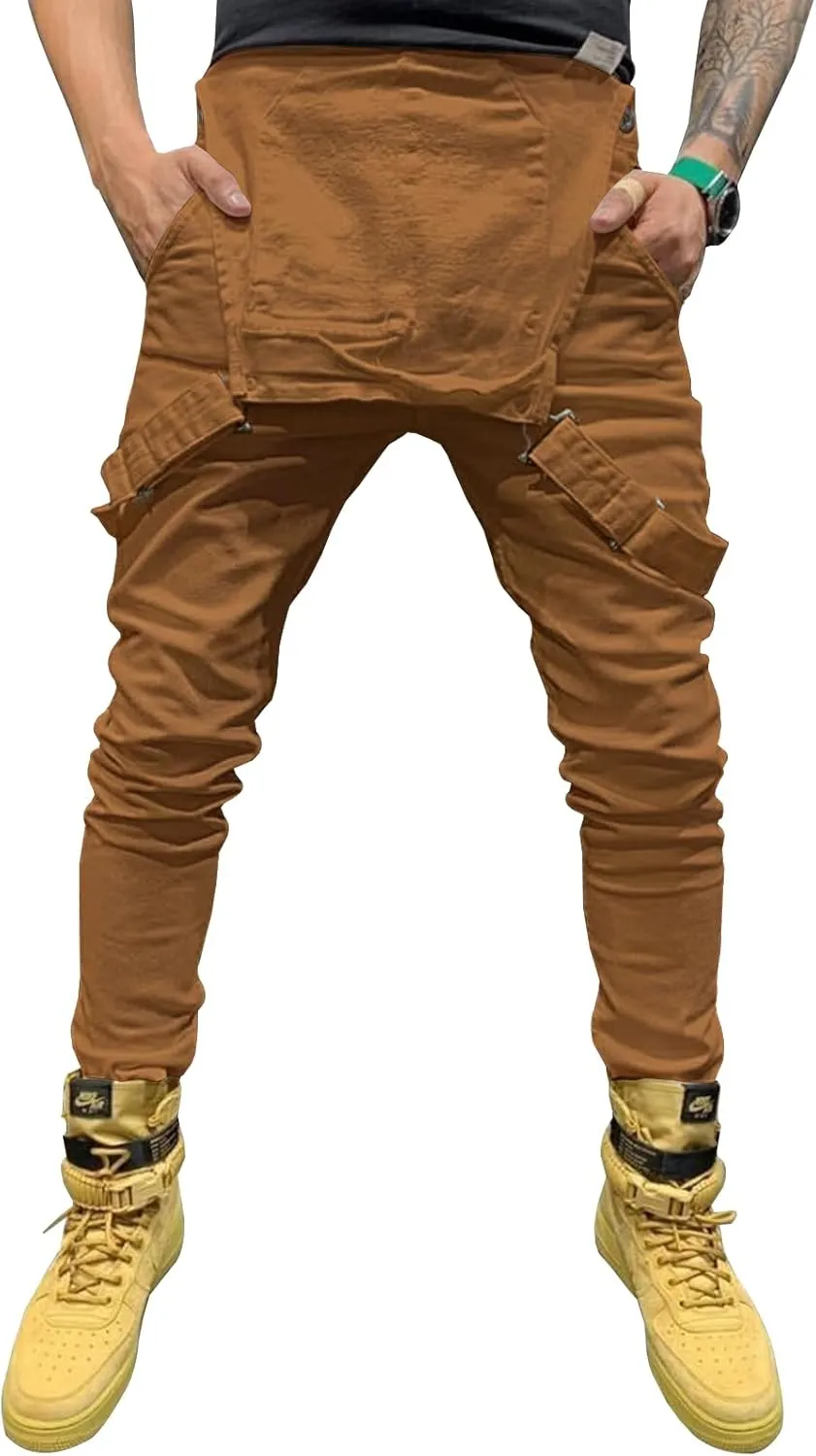 LONGBIDA Men's Denim Bib Overalls Fashion Slim Fit Jumpsuit with Pockets
