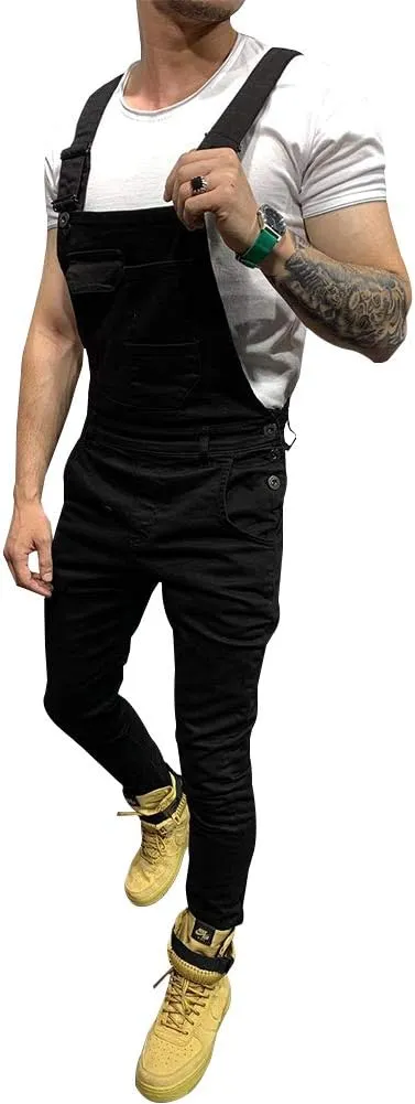LONGBIDA Men's Denim Bib Overalls Fashion Slim Fit Jumpsuit with Pockets