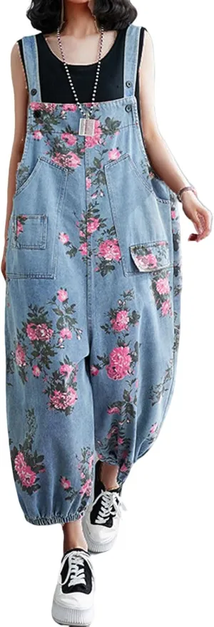 loveimgs Women Baggy Floral Denim Bib Overalls Sleeveless Cargo Jean Jumpsuit Cropped Harem Pants Joggers Cute Strap Overalls
