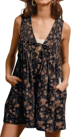 loveimgs Women Sleeveless Floral Print Denim Romper Shorts Ruffle Jean Overall Dress Front Tie Flowy Jumpsuit Summer 2025