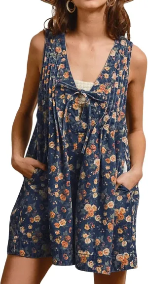 loveimgs Women Sleeveless Floral Print Denim Romper Shorts Ruffle Jean Overall Dress Front Tie Flowy Jumpsuit Summer 2025