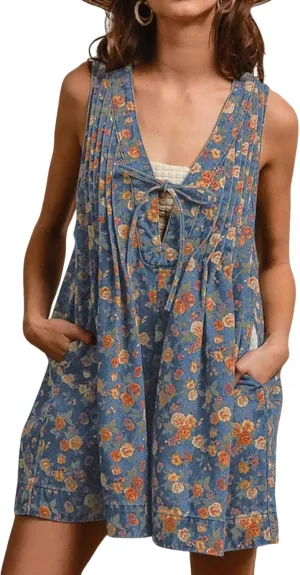 loveimgs Women Sleeveless Floral Print Denim Romper Shorts Ruffle Jean Overall Dress Front Tie Flowy Jumpsuit Summer 2025