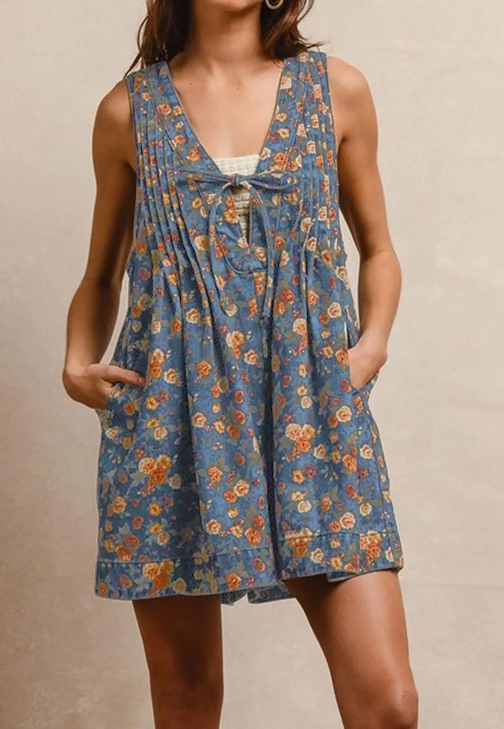 loveimgs Women Sleeveless Floral Print Denim Romper Shorts Ruffle Jean Overall Dress Front Tie Flowy Jumpsuit Summer 2025
