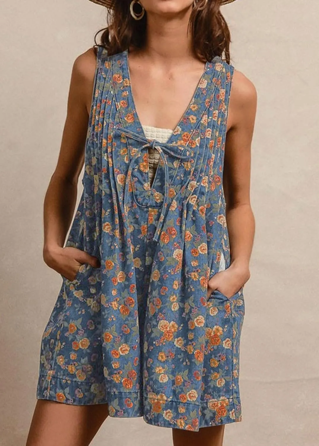 loveimgs Women Sleeveless Floral Print Denim Romper Shorts Ruffle Jean Overall Dress Front Tie Flowy Jumpsuit Summer 2025
