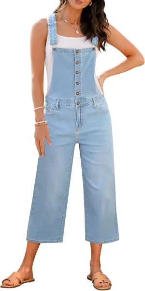 luvamia Denim Overalls for Women Stretchy Capri Jean Jumpsuit Loose Fit Summer Cropped Wide Leg Button Front Bib Overall
