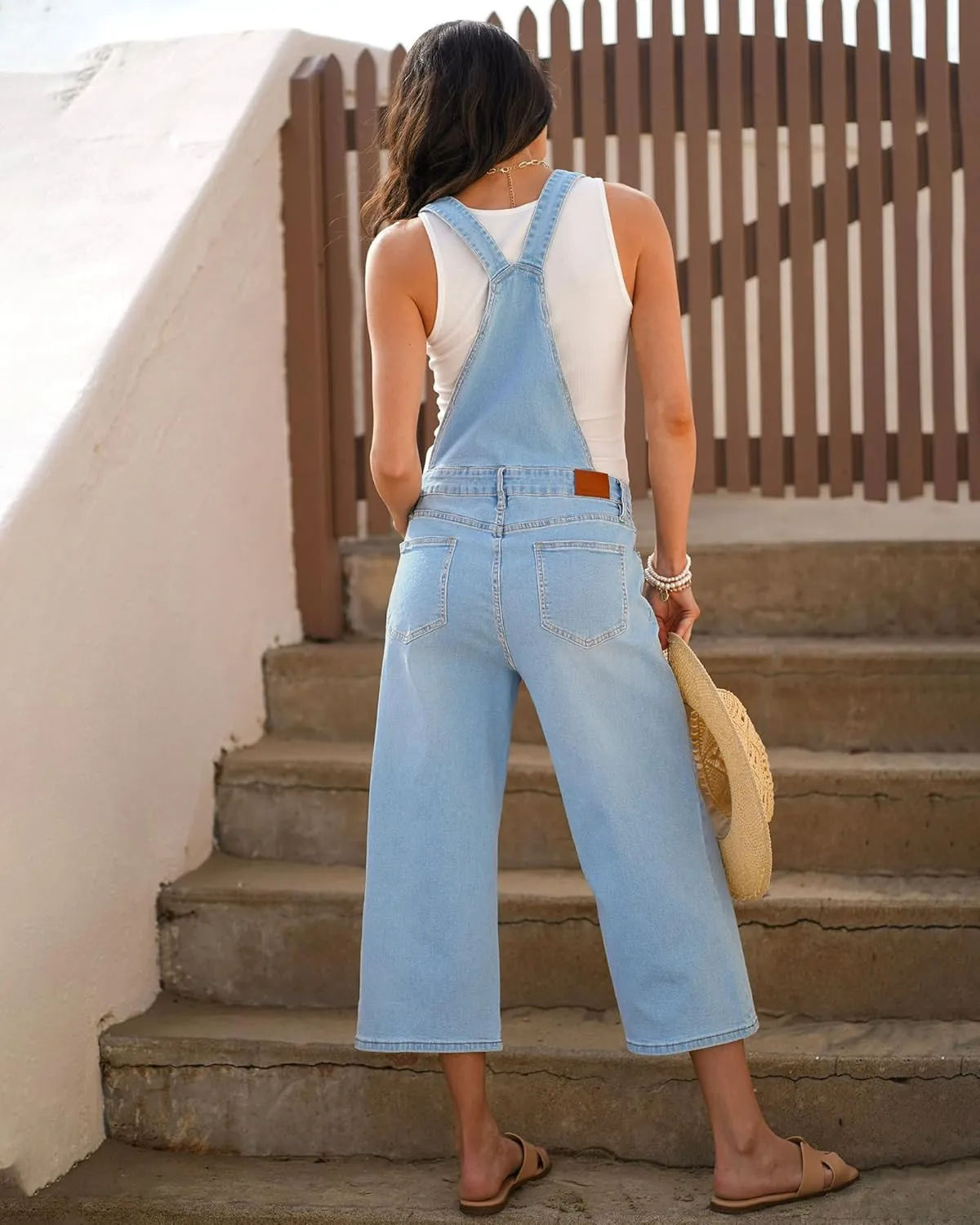 luvamia Denim Overalls for Women Stretchy Capri Jean Jumpsuit Loose Fit Summer Cropped Wide Leg Button Front Bib Overall