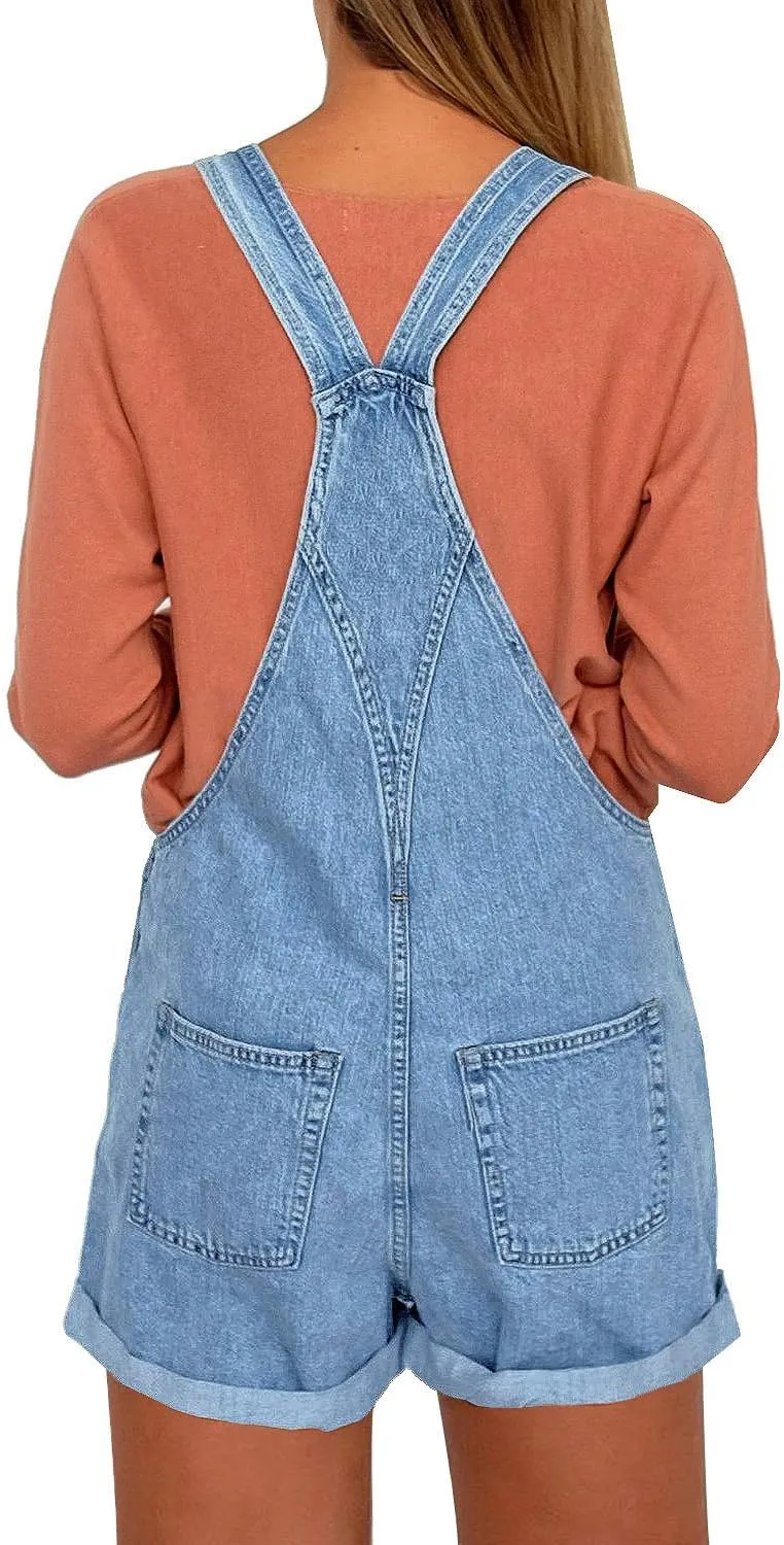 luvamia Women's Casual Adjustable Strap Cuffed Hem Denim Bib Overalls Shorts Romper