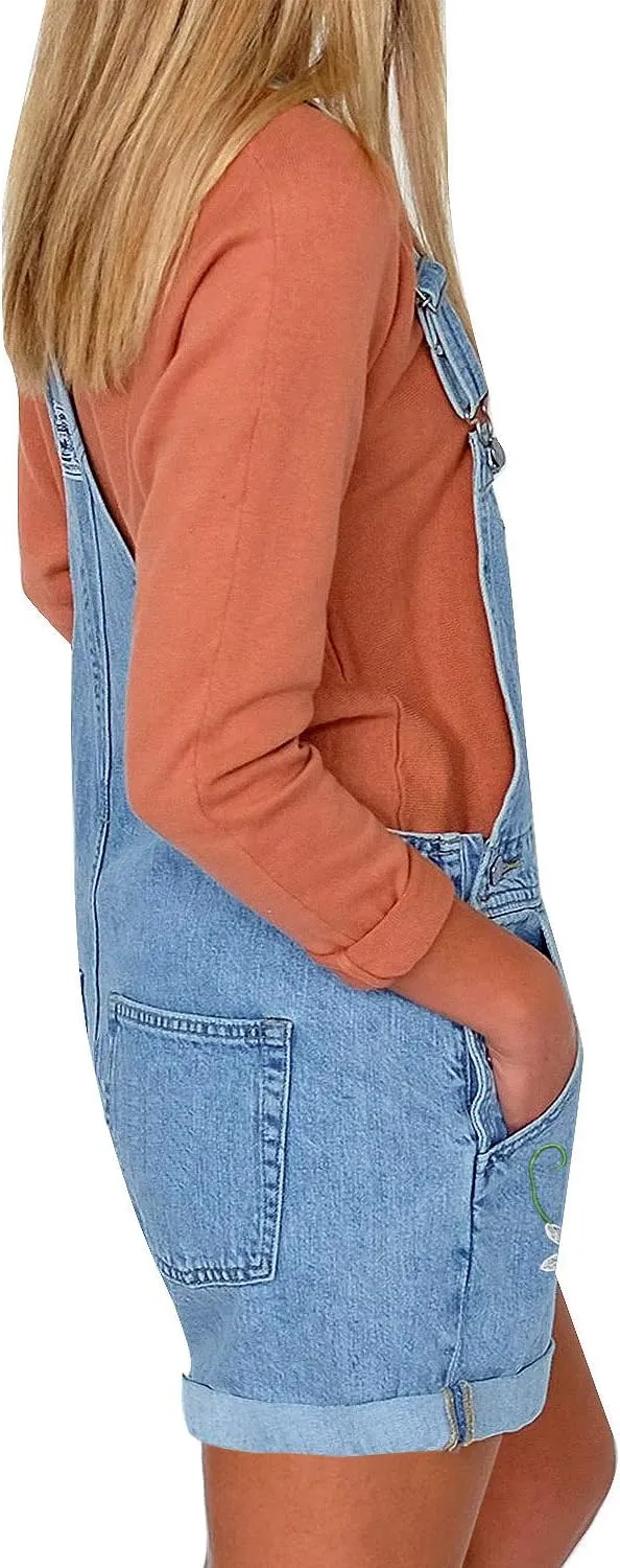 luvamia Women's Casual Adjustable Strap Cuffed Hem Denim Bib Overalls Shorts Romper