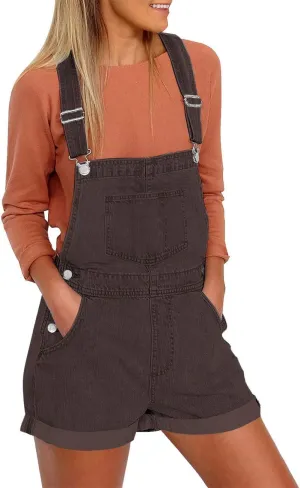 luvamia Women's Casual Adjustable Strap Cuffed Hem Denim Bib Overalls Shorts Romper
