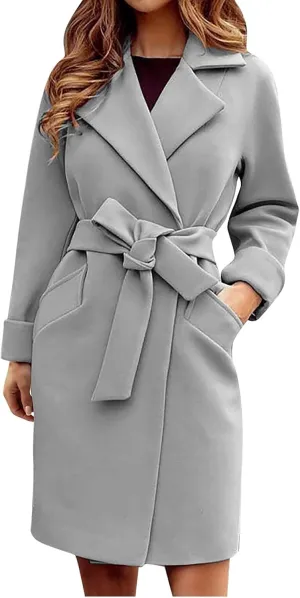 maisdgop Trench Coat for Women Winter Lapel Woolen Cloth Peacoats Open Front Windbreaker Long Sleeve Overcoat with Pockets