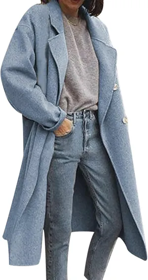 maisdgop Trench Coats for Women Classic Double Breasted Peacoat Long Sleeve Lapel Windbreaker Winter Woolen Cloth Jackets
