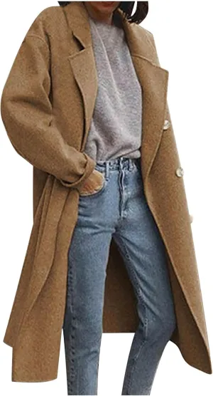 maisdgop Trench Coats for Women Classic Double Breasted Peacoat Long Sleeve Lapel Windbreaker Winter Woolen Cloth Jackets