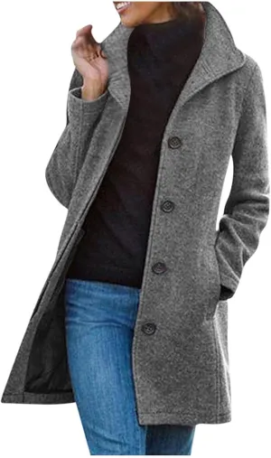 maisdgop Winter Trench Coat for Women Long Sleeve Woolen Cloth Windbreaker Solid Button down Jacket Fashion Lapel Pea Coats