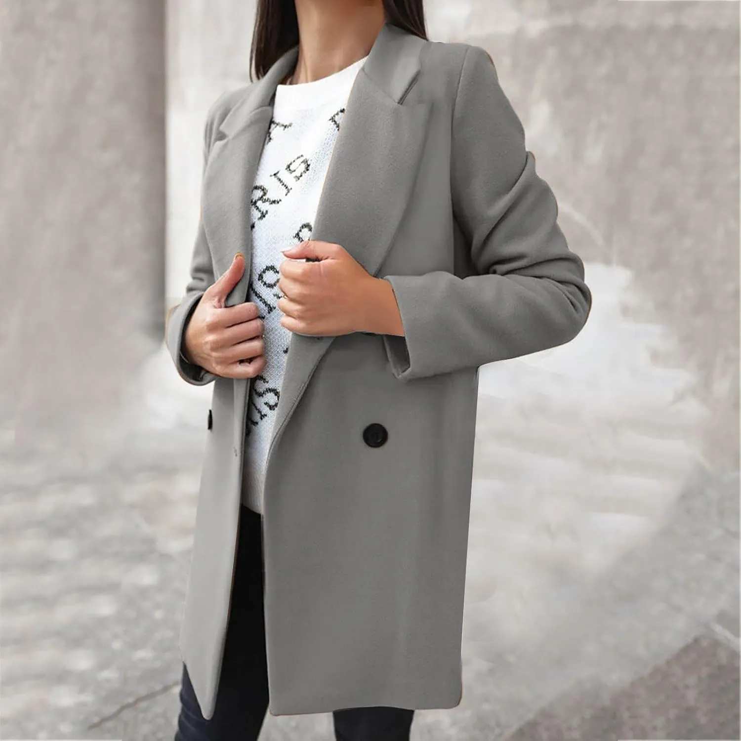 maisdgop Women's Trench Coat 2024 Winter Open Front Double Breasted Peacoats Comfy Long Sleeve Lapel Button down Windbreaker