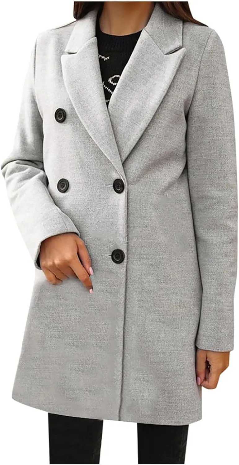 maisdgop Women's Trench Coat 2024 Winter Open Front Double Breasted Peacoats Comfy Long Sleeve Lapel Button down Windbreaker