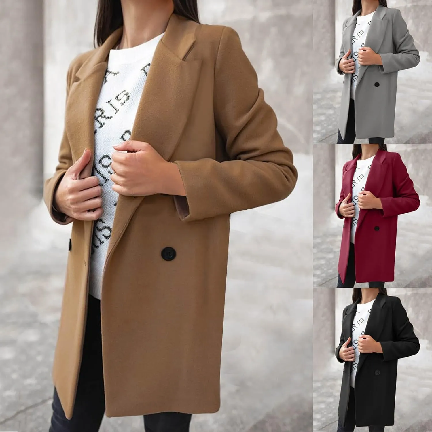 maisdgop Women's Trench Coat 2024 Winter Open Front Double Breasted Peacoats Comfy Long Sleeve Lapel Button down Windbreaker