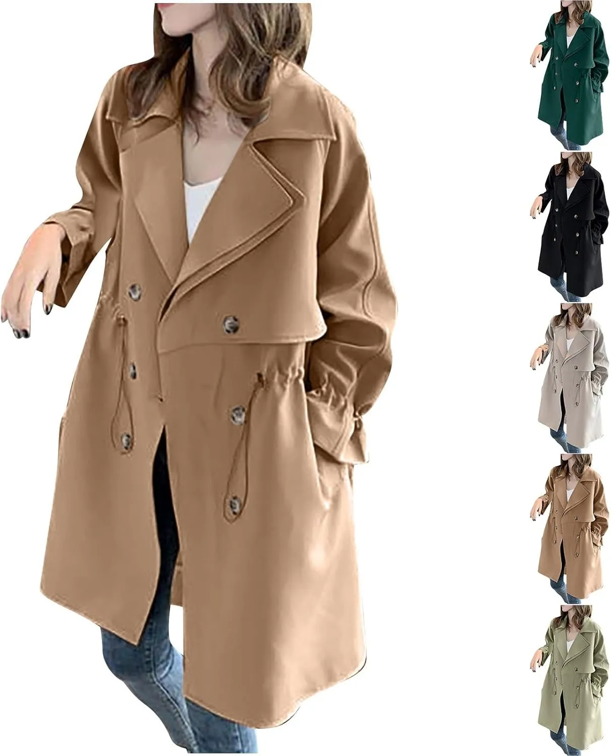 maisdgop Women's Trench Coat Open Front Long Sleeve Windbreaker Jacket Classic Belted Lapel Waterproof Overcoat with Pockets