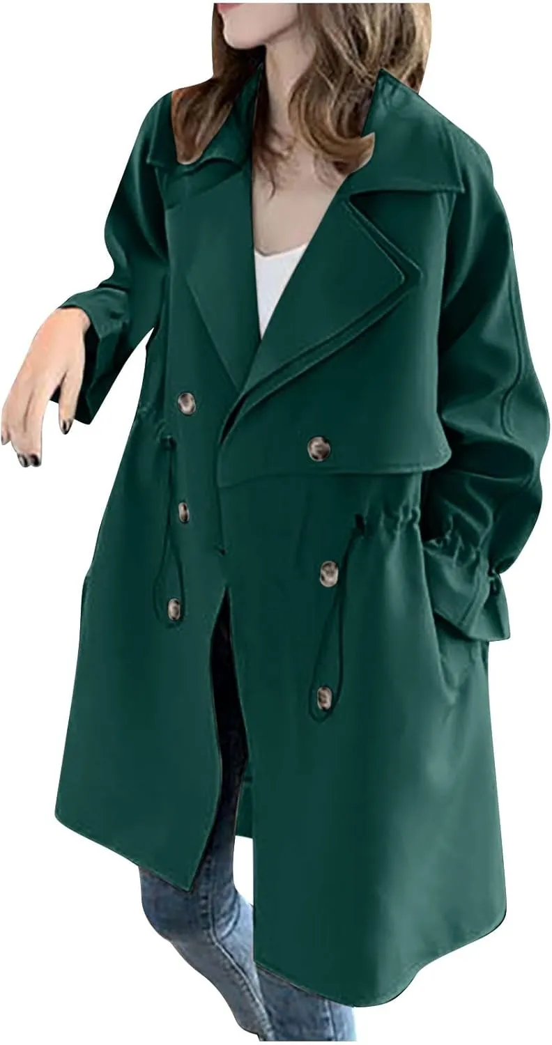 maisdgop Women's Trench Coat Open Front Long Sleeve Windbreaker Jacket Classic Belted Lapel Waterproof Overcoat with Pockets