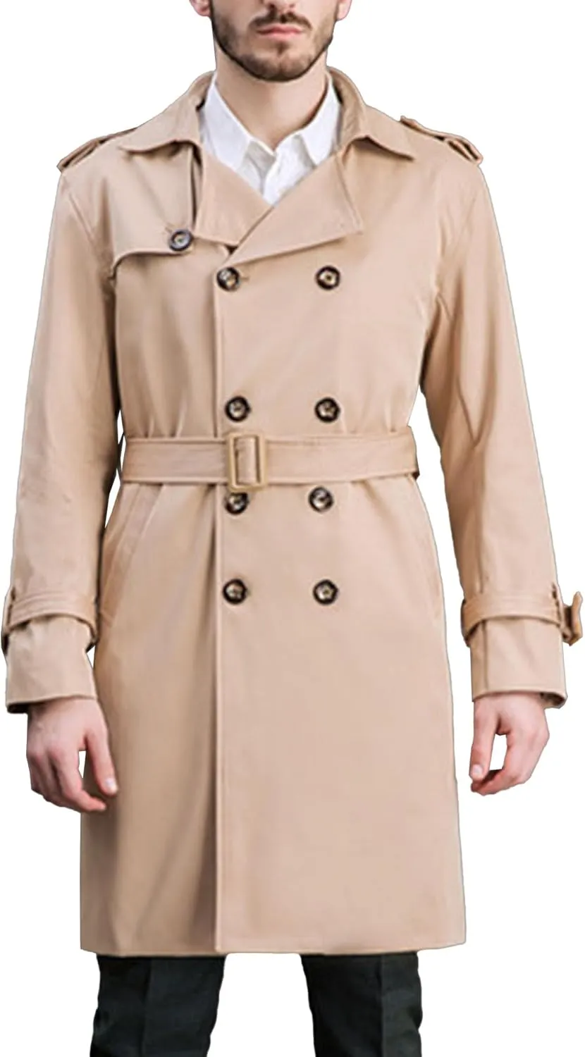 Maiyifu-GJ Men's Double Breasted Trench Coat Casual Mid Long Windproof Overcoat Slim Fit Notched Lapel Belt Windbreaker Coats