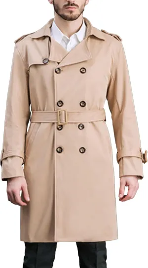 Maiyifu-GJ Men's Double Breasted Trench Coat Casual Mid Long Windproof Overcoat Slim Fit Notched Lapel Belt Windbreaker Coats