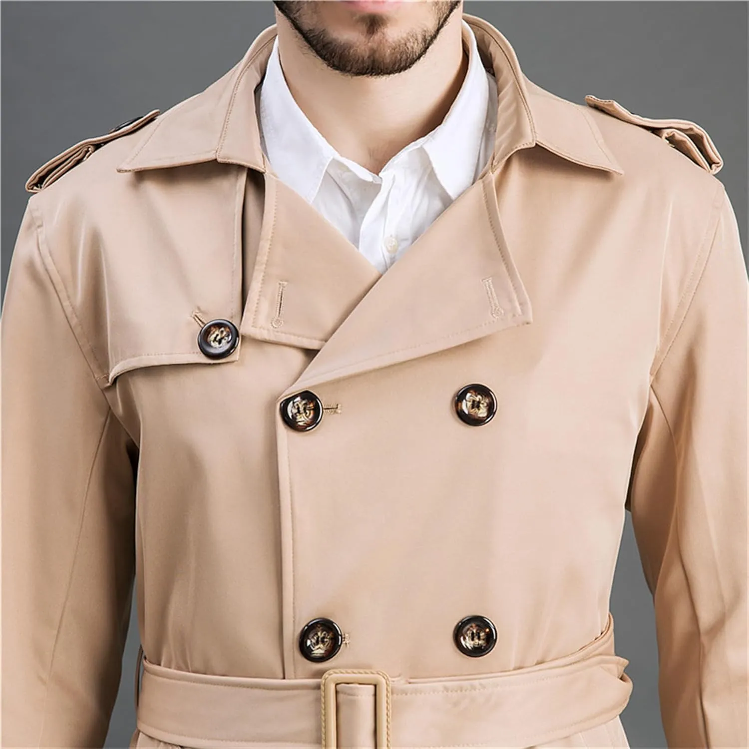 Maiyifu-GJ Men's Double Breasted Trench Coat Casual Mid Long Windproof Overcoat Slim Fit Notched Lapel Belt Windbreaker Coats