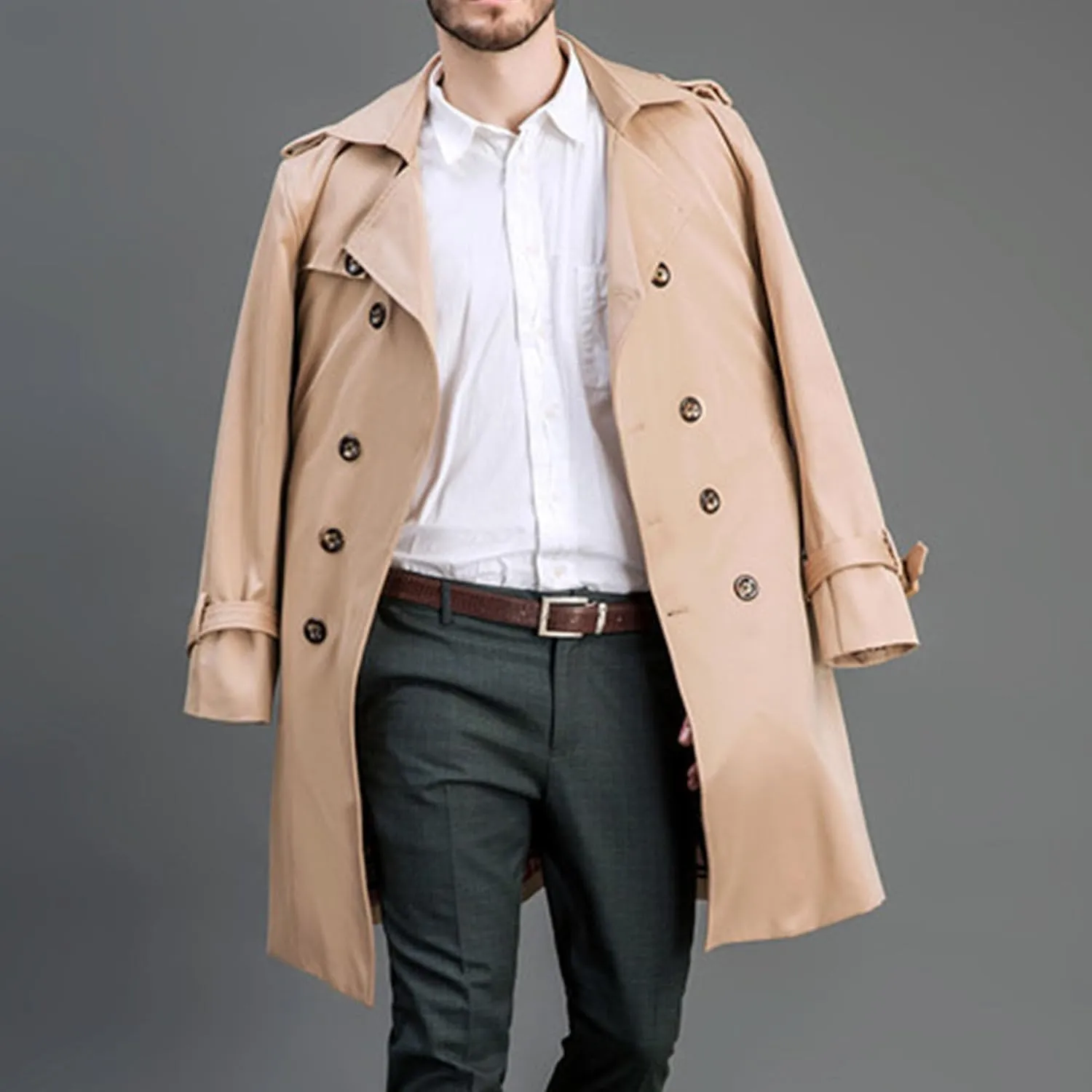 Maiyifu-GJ Men's Double Breasted Trench Coat Casual Mid Long Windproof Overcoat Slim Fit Notched Lapel Belt Windbreaker Coats