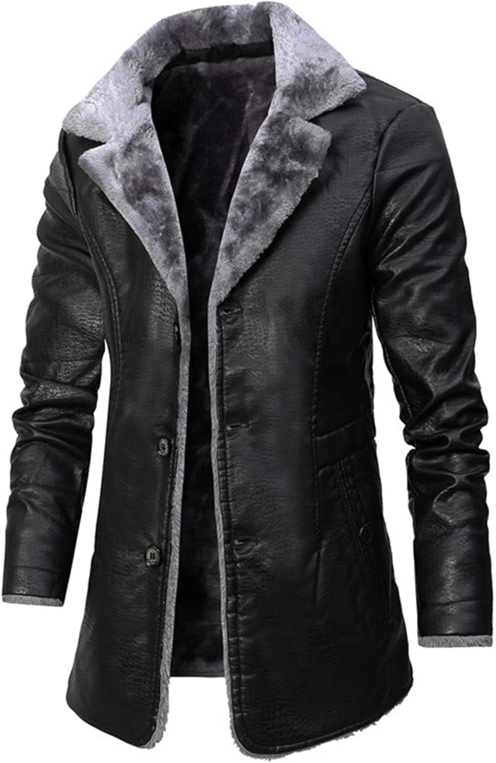 Maiyifu-GJ Mens Faux PU Leather Vintage Jacket Fleece Sherpa Lined Long Trench Coats Fur Collar Windbreaker Overcoat
