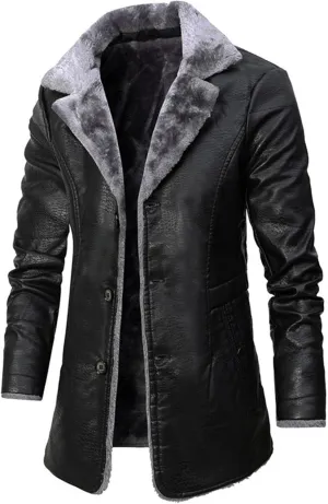 Maiyifu-GJ Mens Faux PU Leather Vintage Jacket Fleece Sherpa Lined Long Trench Coats Fur Collar Windbreaker Overcoat